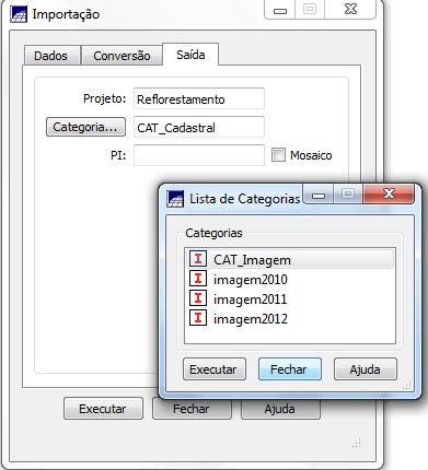 Seleção do tipo do formato da imagem a ser importada. Na aba Saída, escolha a pasta interna, ou Categoria, correspondente ao dado a ser importado.