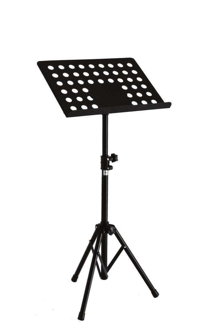 MS16H Estante para Partitura Estrutura em aço com pintura eletrostática preta, Regulagem de altura em um estágio de 600 a 1200mm, Tubos Ø28,6 e Ø25mm, Prancha em aço perfurado 500 x