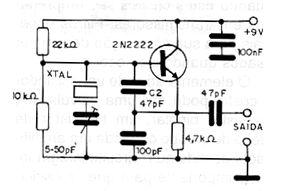 100 Circuitos de Osciladores - 2 85 - Oscilador Ajustável a Cristal O circuito da figura apresenta uma característica que pode ser importante em muitos projetos que é de se poder alterar sua
