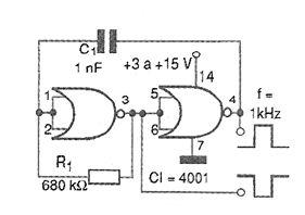 100 Circuitos de Osciladores - 2 66 - Astável 4001 O circuito mostrado na figura gera um sinal retangular cuja freqüência depende de C1.
