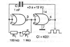 Newton C. Braga 67 - Astável de 500 Hz a 5 khz com o 4001 Um oscilador cuja frequência pode ser ajustada entre 500 Hz e 5 khz com o uso de um potenciômetro, é mostrado na figura.