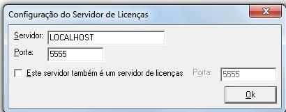 Após o término da instalação aparecerá uma tela para a configuração do Servidor de Licenças. Informe o nome ou endereço IP (preferível) e a porta de conexão do Servidor de Licenças. Importante!