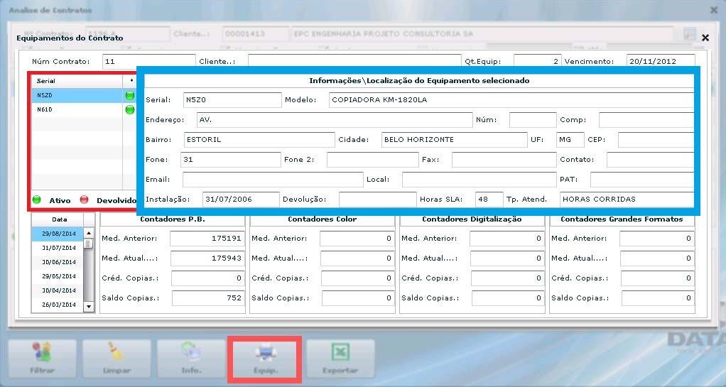 Nestas informações, estão presentes as seguintes informações abaixo. EQUIPAMENTOS EXISTENTES Conforme a imagem abaixo, este quadro demonstra as máquinas existentes no contrato.
