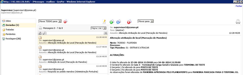 5. Marcação de Manobra Sempre que for criada/alterada uma Marcação de Manobra é enviada uma mensagem automática para os utilizadores configurados com a seguinte informação: Mensagem de criação de