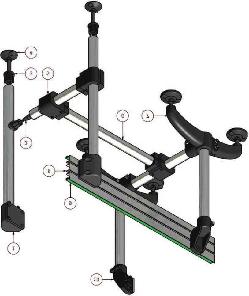 Série 22 Montagem 1- Cód.: - Cabeçal de apoio lateral. 2- Cód.: 22080101 - Bucha expansiva. 3- Cód.: 23050107 - Bucha de adaptação. 4- Cód.: 23040808 - Sapata plástica. 5- Cód.