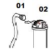 PASSO 03 Montagem da haste na câmara de ar do pulverizador: Coloque a presilha (fig02) na câmara de ar (fig03) e encaixe a haste (fig 01) na presilha (fig02), Encaixe o grampo trava na furação da