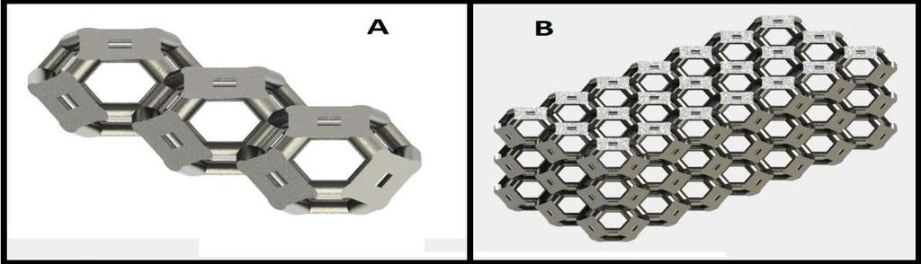 Figura 2 - O modelo de teste com duas configurações: (A) de três células para avaliação da malha e (B) parte do leito empacotado com espuma estruturada para calcular a perda de carga.