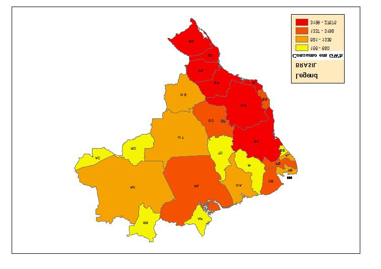 O mapa da figura 8 mostra a distribuição do consumo de energia em GWh por estado brasileiro durante o ano de 2006.