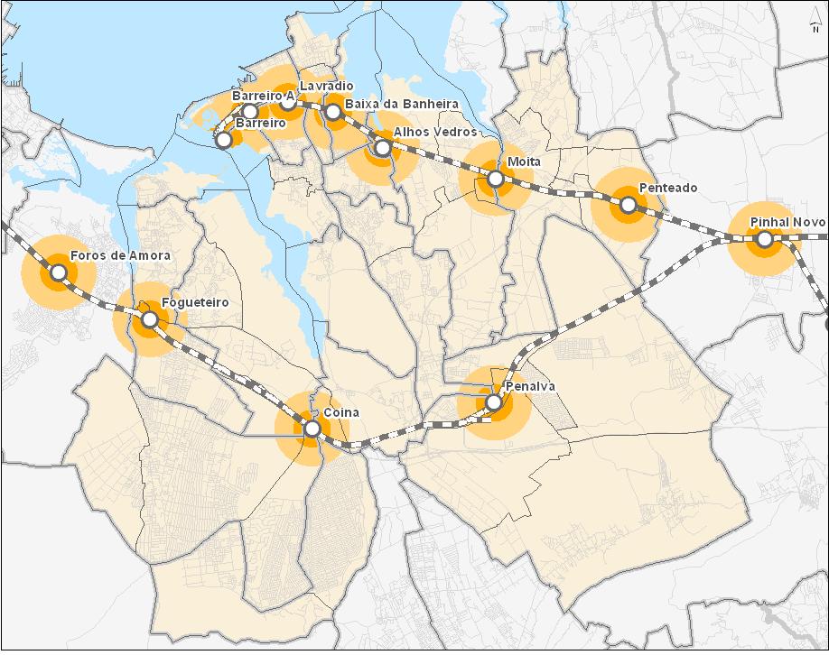 Transporte Coletivo Ferroviário Estação População Emprego Alhos Vedros 16 620 1 414 Moita 5 293 601 Penteado 1380 56 Pinhal Novo 17 750 24 Barreiro 7 171 860 Barreiro A 17