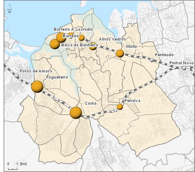 Transporte Coletivo Ferroviário Estações com maior procura total diária: Coina e Fogueteiro (> 10 000 pass/dia); Foros da Amora e Barreiro (entre 6 000 e 3 000