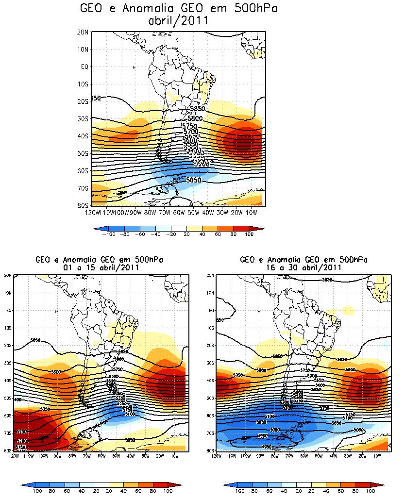 Figura 10: Altura e anomalia de altura geopotencial em 500 hpa de abril de 2011. 4.