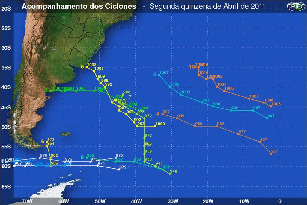 Figura 5b Acompanhamento dos ciclones ocorrido durante a segunda quinzena do mês de abril de 2011. Em cada ponto está plotado o valor mínimo de pressão do ciclone. 3.