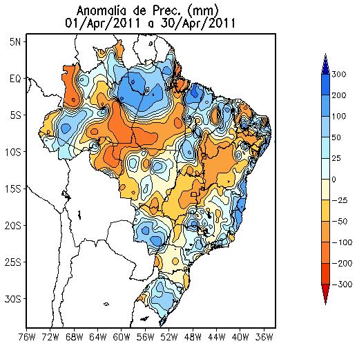 principalmente na segunda quinzena. Nota-se que o sul do AM e do PA e o oeste da BA tiveram anomalia negativa de precipitação entre 25 e 100mm.