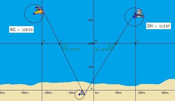 Objetivo de t14: Obter as distâncias entre os pontos de intersecção encontrados na t13 e os pontos que representam o observador em cada embarcação.