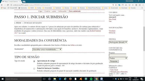 a opção Apresentação de Trabalho de acordo com a área temática escolhida.