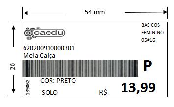 Etiqueta de preço adesiva Identificador de coleção Código EAN Linha Descrição do produto Mês/Ano Referente a data do pedido de compra Nº da ordem de compra Tamanho Cor Localização do produto na loja