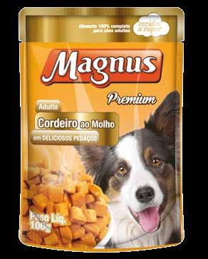 Magnus Sachês Cães PREMIUM SACHÊ SABOR CARNE AO MOLHO 100 g Umidade/Humedad/Moisture (Máx.) 820 g/kg 82% Proteína Cruda/Proteína Cruda/Crude Protein (Mín.