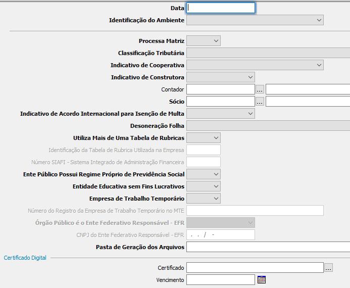 Para realizar o cadastro serão solicitados os seguintes parâmetros: DATA Neste campo é necessário definir a data do início da obrigatoriedade do esocial.