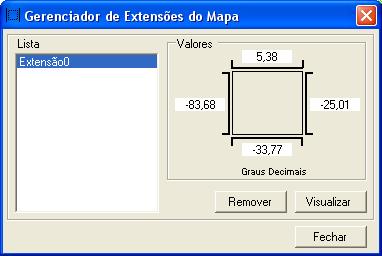 Gerenciador de Extensões: abre a caixa de diálogo Gerenciador de Extensões de Mapa para remover e visualizar extensões existentes (Figura 17); Figura 17 - Janela Gerenciador de Extensões de Mapa