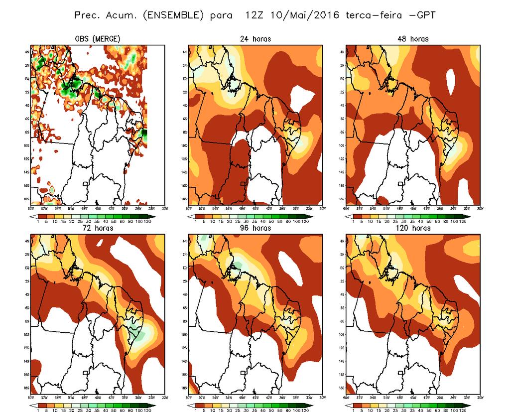 O Ensemble médio do modelo Global do CPTEC indicou uma área preferencial de chuva mais ao sul da área atingida, com valores subestimados aos ocorridos.