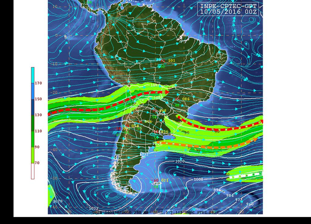 Nas cartas de altitude nota-se difluência no escoamento nos dias 09/05 às 00Z e às 12Z e no dia 10/05 às 00Z.