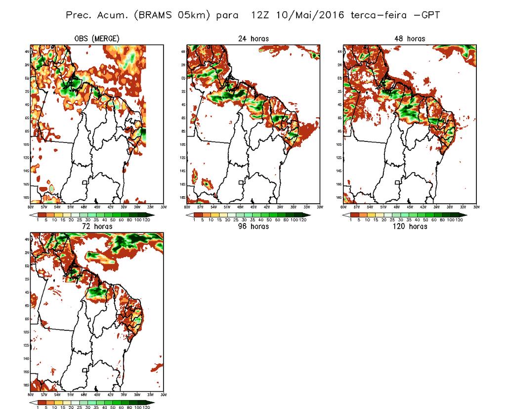 Desempenho dos modelos numéricos de previsão de tempo: Nas figuras a seguir se podem visualizar as previsões dos diferentes modelos numéricos de previsão de tempo utilizados no CPTEC para o campo de