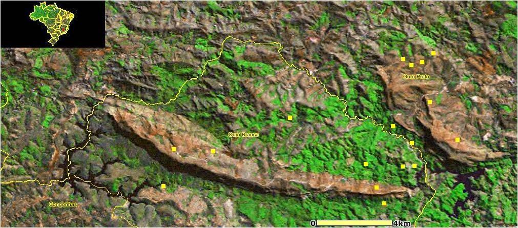 Figura 2. Pontos de amostragem da fauna de anuros na região da Serra do Ouro Branco, extremo sul da Cadeia do Espinhaço, MG.