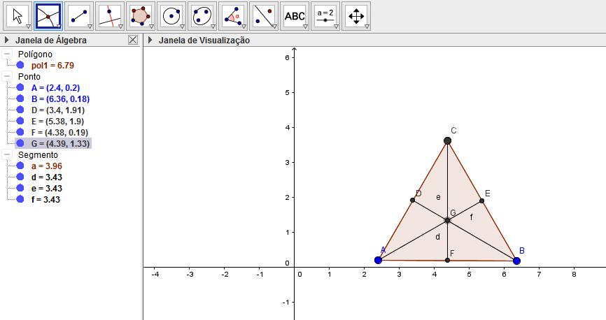 ciedade Brasileira de Educação Educação na Contemporaneidade: desafios e possibilidades Figura 1: Representação do Baricentro - Triângulo Equilátero Fonte: Software GeoGebra A figura 1 apresenta um