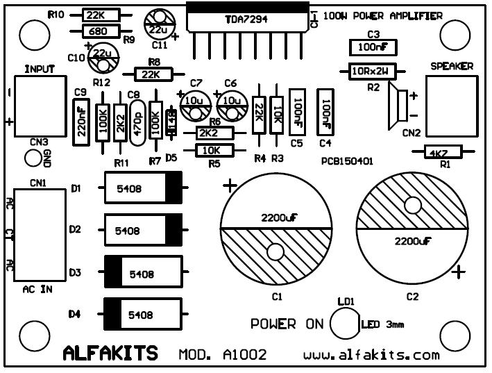 Figura 8 MONTAGEM KIT AMPLIFICADOR 100W - POSIÇÃO CI-1 D1,D2,D3,D4 D5 LD1 CN1 CN2,CN3 PCB DESCRIÇÃO SEMICONDUTORES TDA 7294 - Circuito Integrado 1N5402,1N5408,SK3/02 - Diodo retificador 1N4148 -