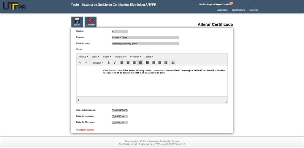 Alterar informações do certificado Salvar alterações O menu de Listagem