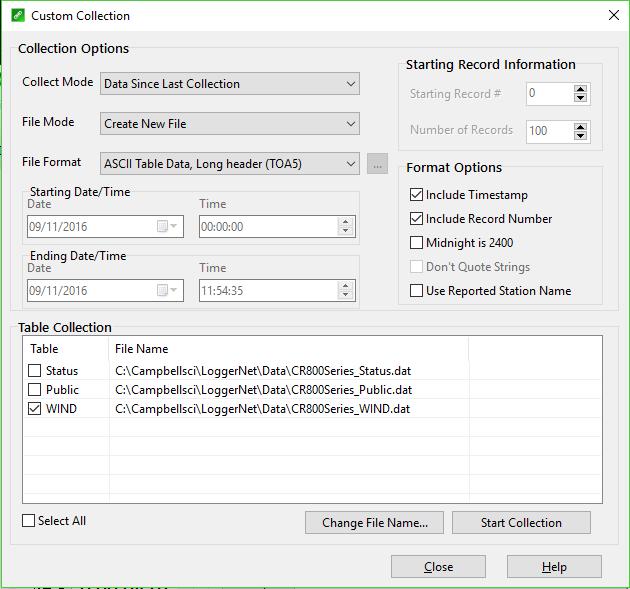 Passo 4: Selecionar Collect Mode para Data Since Last Collection. Selecionar File Mode para Create New File.