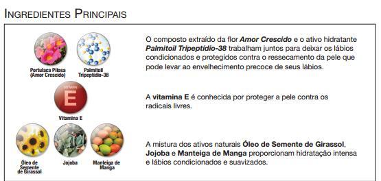 fórmula leve e ultra cremosa desliza nos lábios, proporciona sensação de hidratação