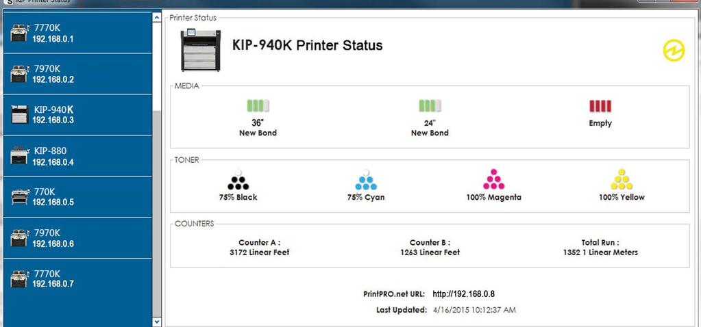 Detalhes da impressora do KIP Printer Status Principais recursos do KIP Printer Status / SNMP Sistemas operacionais de 32 e 64 bits Monitore o status das impressoras KIP Adicione até 10 impressoras