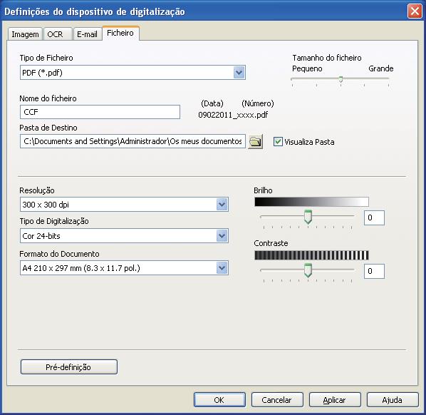 Como digitalizar para um computador e Seleccione o separador Ficheiro. Pode alterar as configurações predefinidas. 1 2 3 4 5 7 1 Pode seleccionar o tipo de ficheiro na lista pendente.