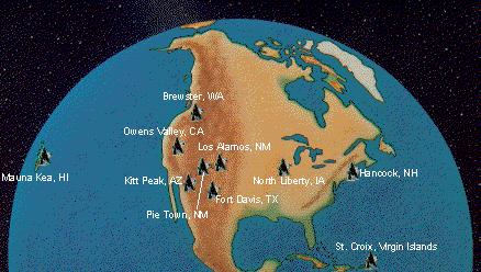 Finalmente, o VLBI com três possibilidades: VLBA, EVN, Global (VLBA + EVN + etc.