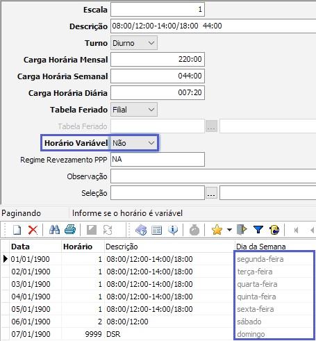 CADASTROS / HORÁRIOS / ESCALAS Do cadastro das escalas serão geradas a informação dos dias da semana que o funcionário trabalha e se o horário é variável.