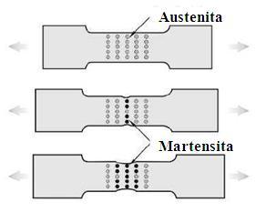 MAZZAFERRO (2008) explica que ao aplicar uma carga externa, a austenita retida se transforma em martensita na região de concentração da