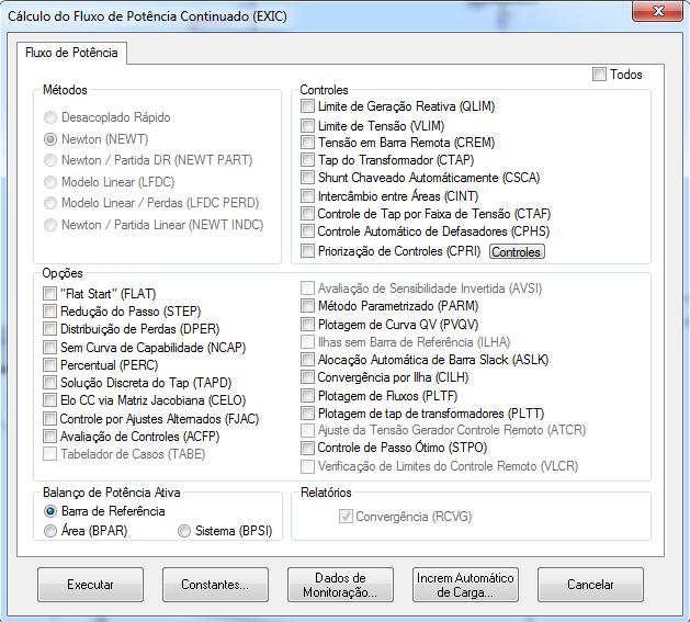36 Figura 12 Janela Inicial Fluxo de Potência Continuado ANAREDE Fonte: CEPEL (2014) Através dessa janela são marcados vários comandos que serão levados em conta durante a execução do fluxo de