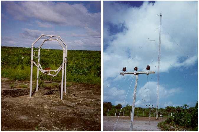 (a) (b) Figura 4.2 - Fotografias a) antena receptora dos sinais refletidos da ionosfera b) antena transmissora, ambas situadas em São Luís, MA. FONTE: Bertoni (1998).