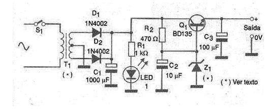 Newton C. Braga 7- Fonte Transistorizada Regulada por Zener Na figura apresentamos um circuito extremamente simples de uma fonte de tensão regulada por diodo zener.