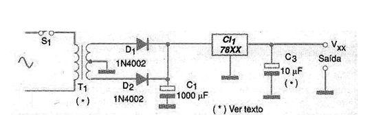 100 Circuitos de Fontes - 2 23 - Fonte Fixa de 1 A com CI 78xx Reguladores de tensão de 5 a 15 V para correntes de 1 A, podem ser obtidos com facilidade na forma de circuitos integrados.