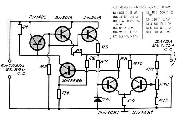 100 Circuitos de Fontes - 2 41 - Regulador de 26 V x 15 A Este circuito foi obtido numa publicação argentina de 1976. Ele consiste num regulador de tensão série com 2% de regulagem.