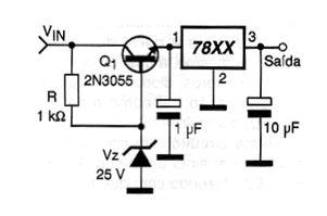100 Circuitos de Fontes - 2 47 - Regulador de Alta Tensão de Entrada Os circuitos integrados reguladores de tensão da série 78XX não suportam uma tensão de entrada maior do que 28 V para alguns tipos