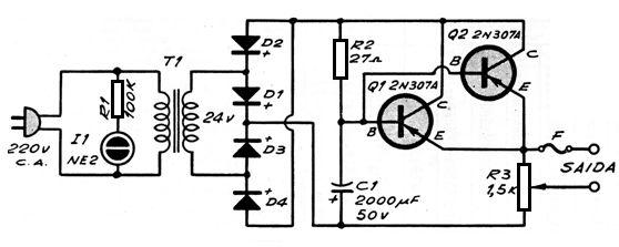 100 Circuitos de Fontes - 2 68 - Fonte de 0 a 20 V x 1 A Esta fonte, encontrada numa publicação argentina dos anos 1970, usa um potenciômetro de fio de 25 W ou mais na saída para ajustar a