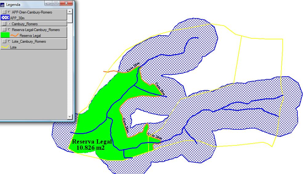 Figura 9 Demonstra em verde a área de Reserva Legal e hachura azul APP Drenagem. 2.