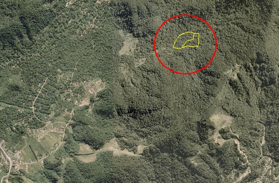 1.1 Localização em relação à Praia de Cambury Figura 3 - Ortofoto de 2001 mostrando a área contornada em linha amarela e circulada