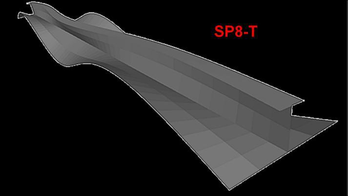 Por sua vez, o acréscimo esbeltez da alma (h w /t w ) e decréscimo da esbeltez do flange (b f /t f ) induzem à instabilidade lateral-torsional do enrijecedor em SP8-T (L = 400 cm) (Fig. 5.30).