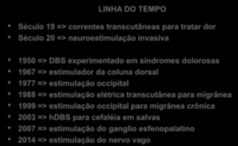 História da Neuroestimulação para as Dores de Cabeça LINHA DO TEMPO Século 19 => correntes transcutâneas para tratar dor