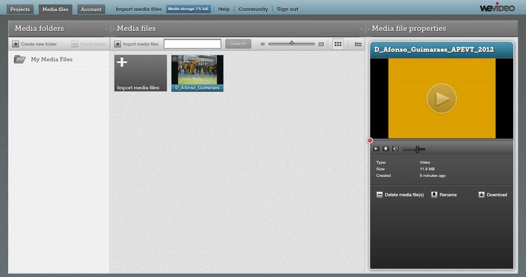 Figura 9. Carregamento de um vídeo 10. Concluído o carregamento do vídeo, o mesmo fica disponível na secção Media files (Figura 10). Figura 10. Media files com um vídeo já carregado no WeVideo 11.