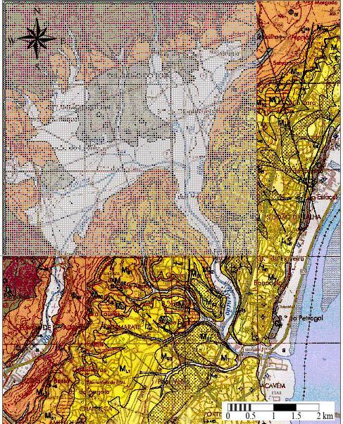 por 120 células, com 50 m de lado cada uma, o que perfaz uma área de 6 km 2. A grelha foi posicionada no canto superior esquerdo do mapa de base (Figura 37).